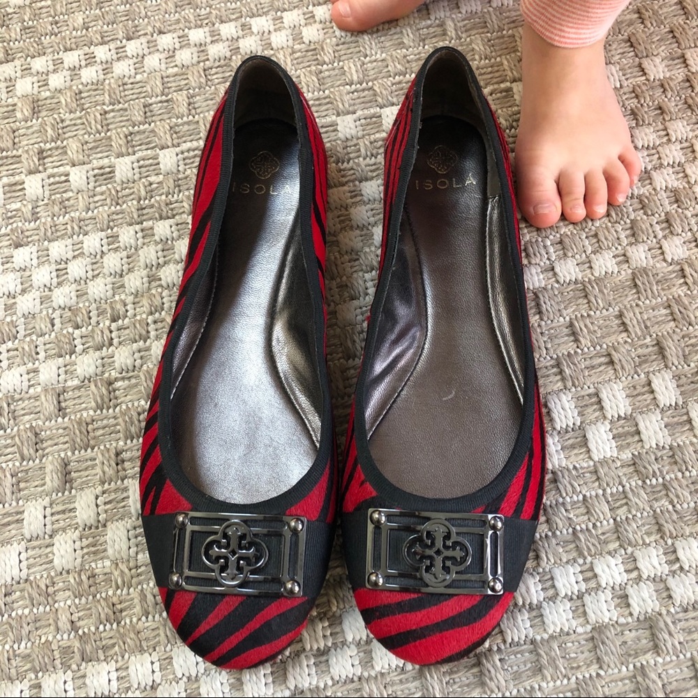 Red and black zebra print calf hair flats